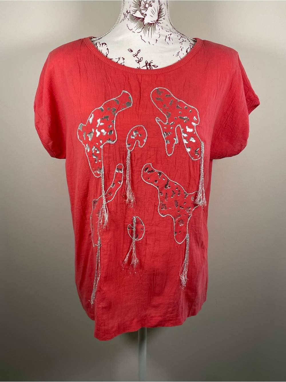 Vintage Peter Popovitch Coral Cotton Metallic Appliqué Art Top Made in USA M
